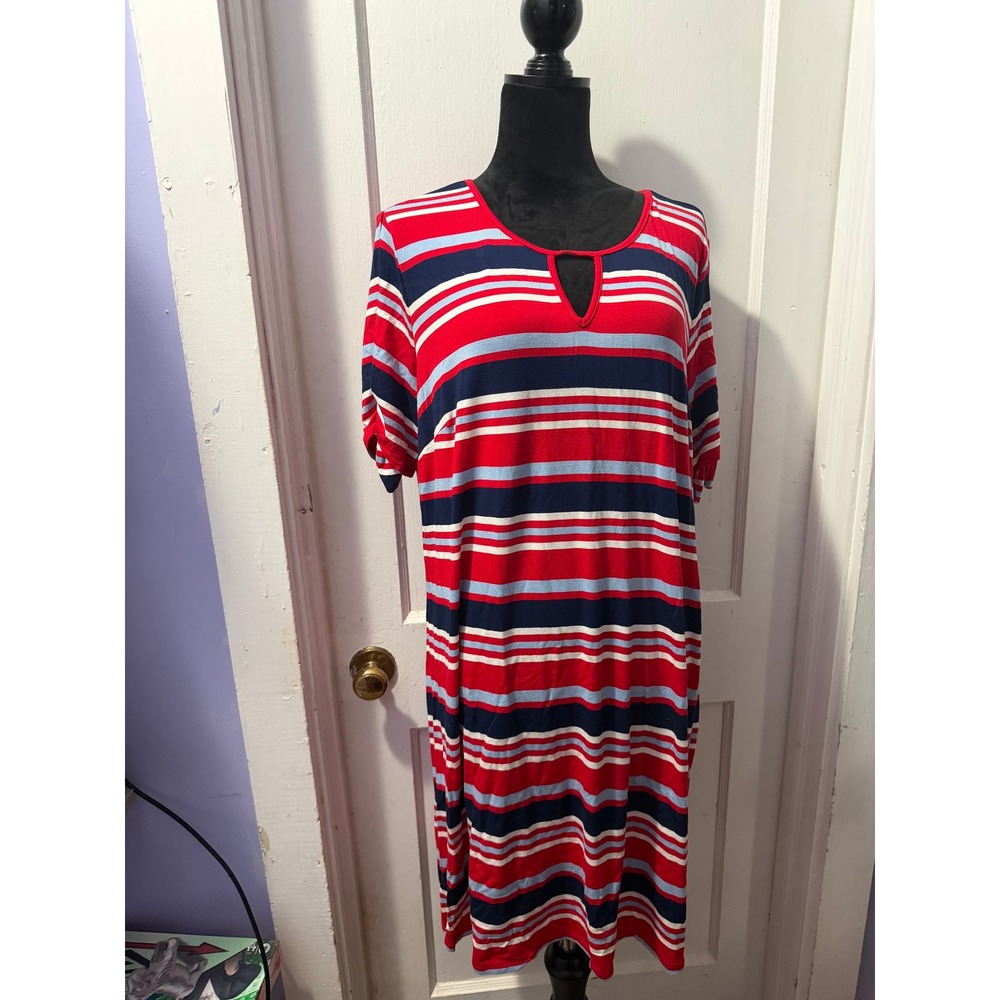 Westport Red White Blue Striped Short Sleeve Keyhole Dress 1X Patriotic Nautical